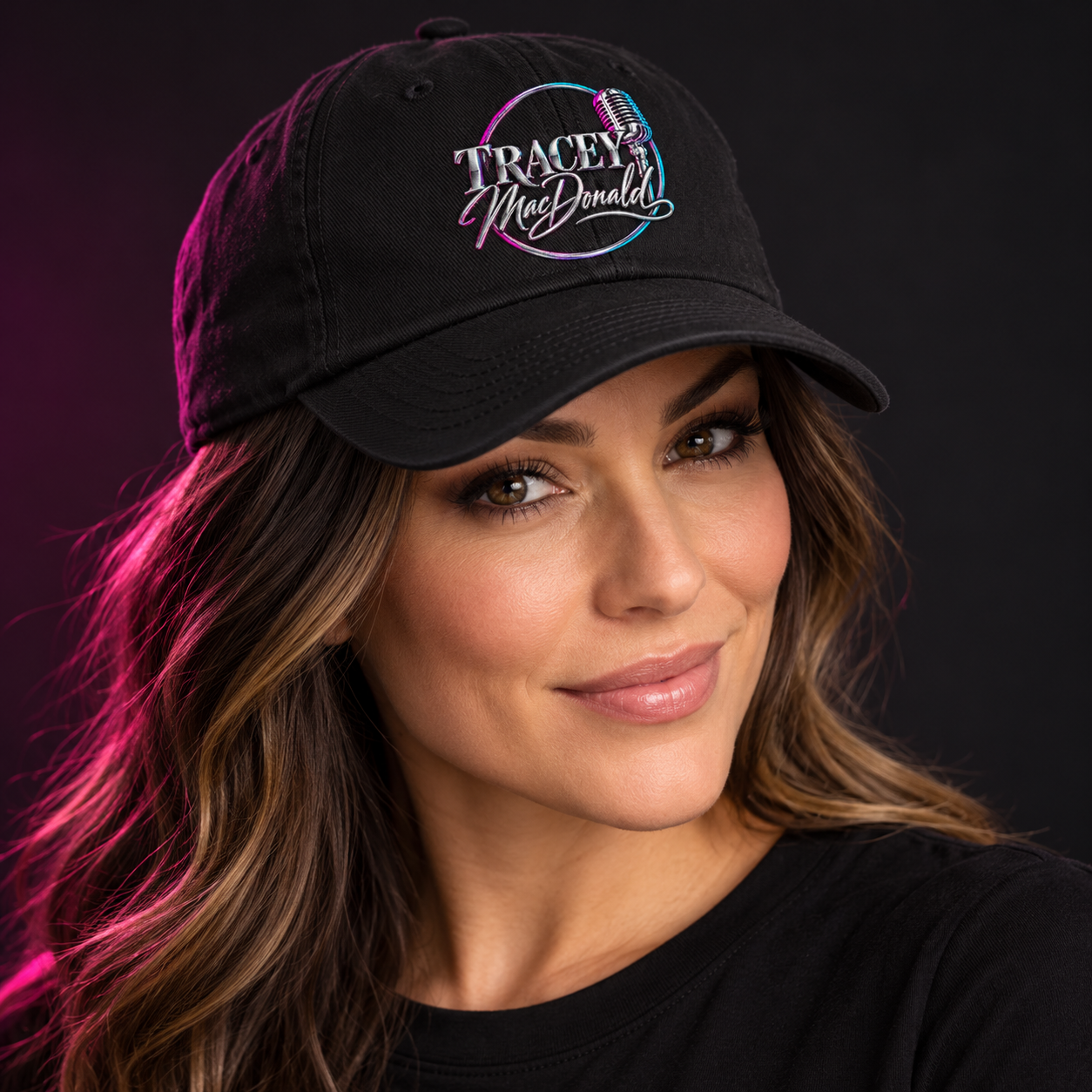 AI model mockup wearing a black Tracey MacDonald signature baseball cap